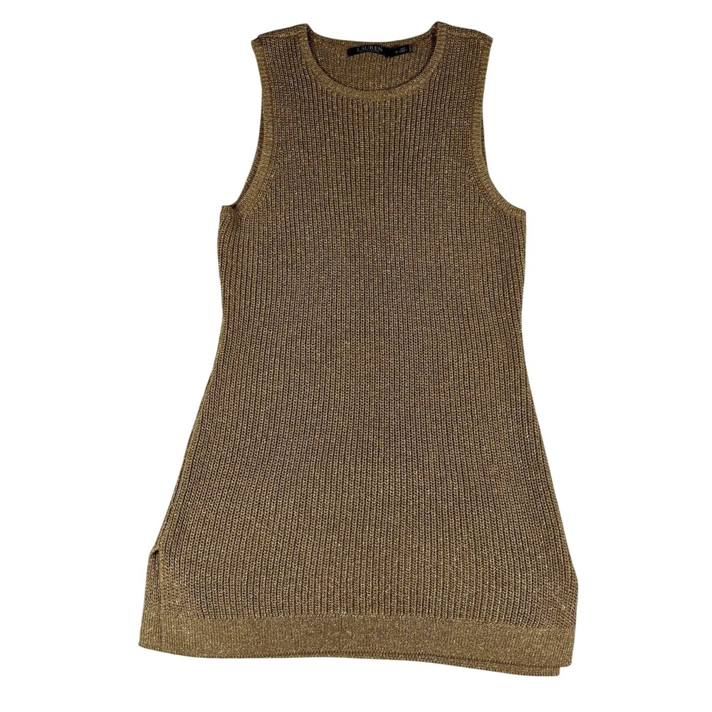 Ralph Lauren Sweater Dress M Gold Holiday Sleeveless Linen Party Festive Mini‎